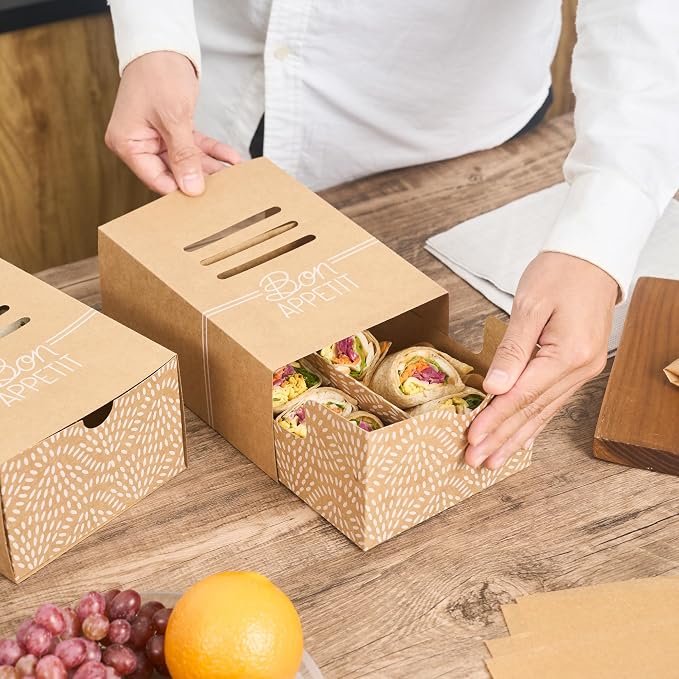 Restaurantware Take Out Food Containers 100 Count 8.3 x 5.7 x 3.7 Inches Paper Sandwich Boxes Disposable Food Packaging Box Design - Image 8