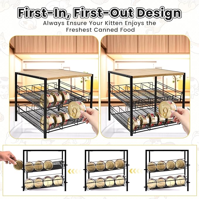 Bamboo & Iron Cat Food Organizer, 2-Tier Stackable Rack Holds 48 Cans 3oz | FIFO auto slide-down,Flat top storage, Organizes pantry & pet food cans - Image 5
