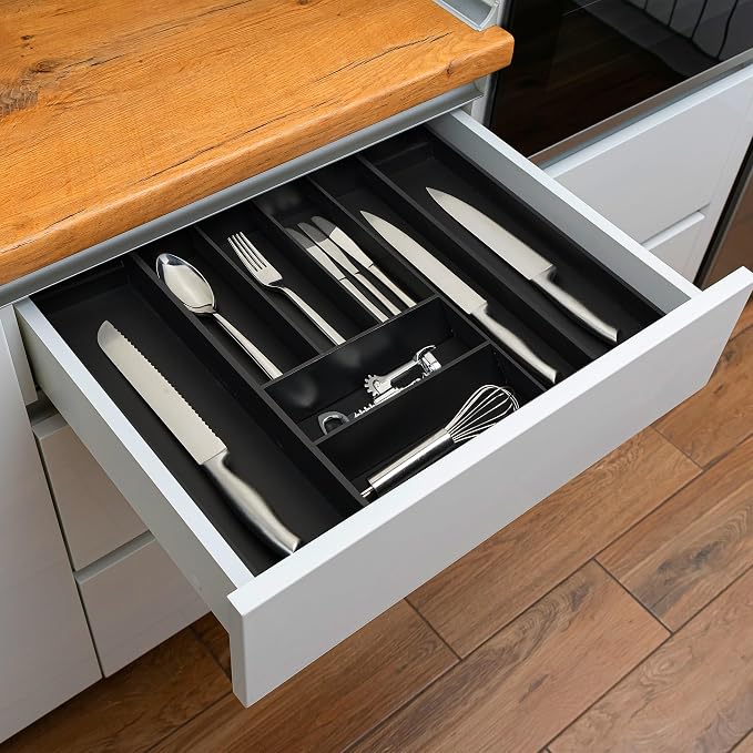 Relaxdays Extendable Cutlery Tray, Bamboo, 6-8 Compartments, HWD: 6.5 x 35-58 x 43.5 cm, Kitchen Drawer Insert, Black, Fibreboard, 6.5 x 35 x 43.5 cm - Image 4