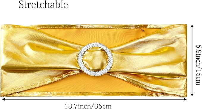 Wedding Spandex Metallic Gold Chair Sashes 100 Pack Chair Bands with Buckle Bronzing Gold Chairs Bows for Party Birthday Bridal Shower Engagement Anniversary Christmas Event Decorations - Image 3