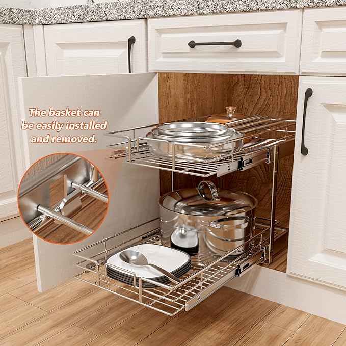 ROOMTEC Individual Pull Out Cabinet Organizer (11" W x 18" D), 2 Tier Spice Rack Organizer for Cabinet, Slide Out Drawer Pantry Shelf Organization and Storage for Kitchen Bathroom - Image 5