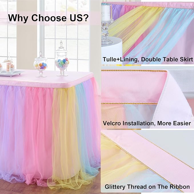 108in Rainbow Tulle Table Skirts for Rectangle Tables 6/8/4ft, 2-Layer Pastel Color Unicorn Ruffle Tulle Tutu Cloth Table Skirt 9ft for Girl Birthday Party Baby Shower Cake Dessert(No Table Cover) - Image 4