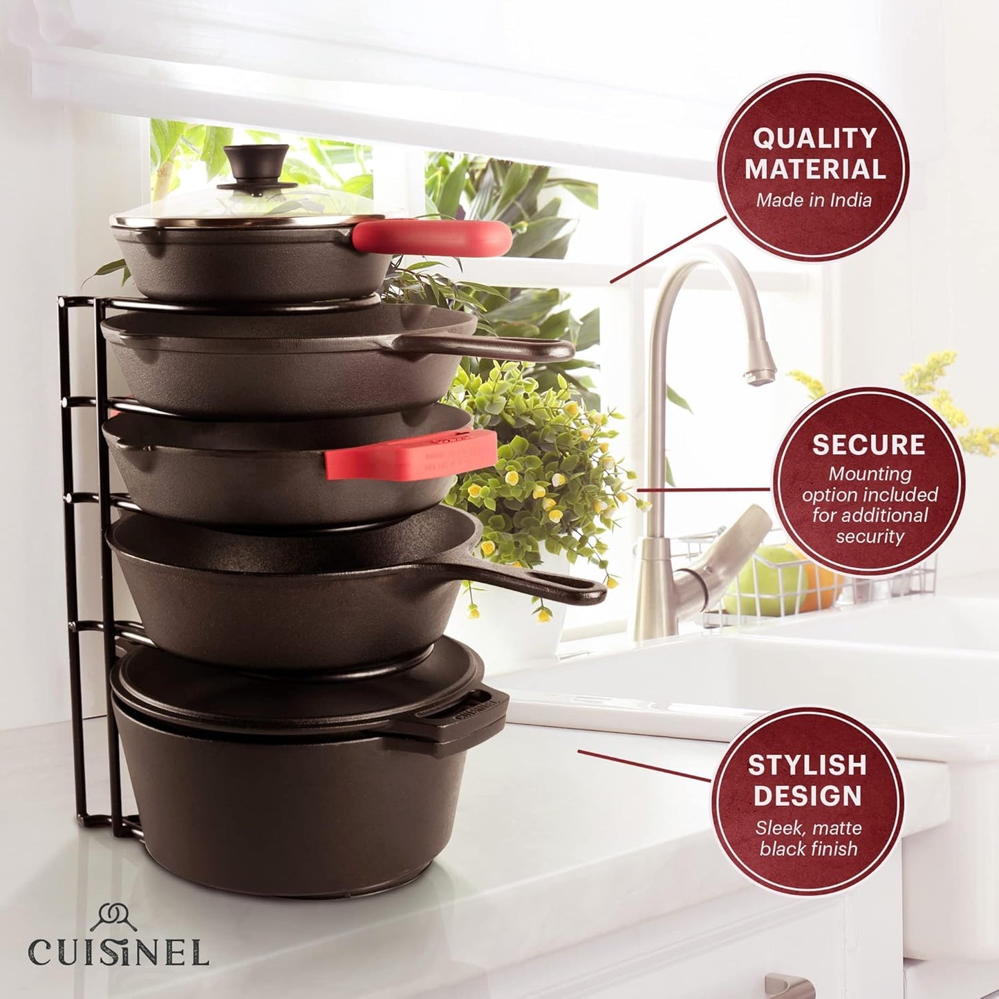 Cuisinel Pots and Pans Organizer Rack - 60 to 100-LBS Capacity Extremely Heavy Duty - 8mm Thick - Made in India - Matte-Black 15.9"-Tall 5-Tier Space Saving Kitchen Cookware Storage
