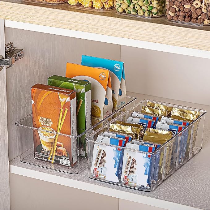 Vtopmart 2 Pack Food Storage Organizer Bins, Clear Plastic Bins for Pantry, Kitchen, Fridge, Cabinet Organization and Storage, 4 Compartment Holder Packets, Snacks, Pouches, Spice Packets - Image 6
