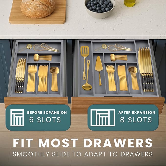 Sben Bamboo Cutlery Drawer Organizer, Gray, Large - Image 8