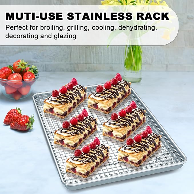 Half Sheet Pans with Rack Set, 13 Inch Commercial Quality Baking Sheet Pan Set, Natural Aluminum Cookie Sheet, Warp Resistant Nonstick Thick Cookie Tray Pans for Baking, Roasting - Image 4