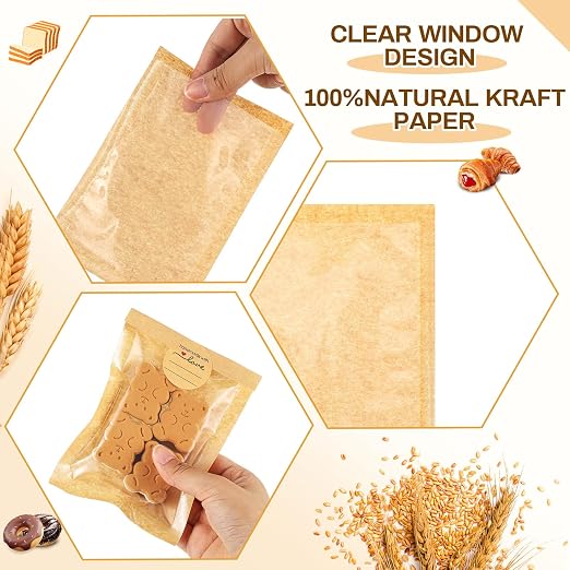 Outus 100 Pcs Cookie Packaging Bags with Seal, 4 x 6 Inch, Brown | Bakery Pastry Bags with Window, Heat Sealable Grease Resistant Paper to Go Bake Sleeves for Gift Giving Donut Bread Sandwich - Image 3