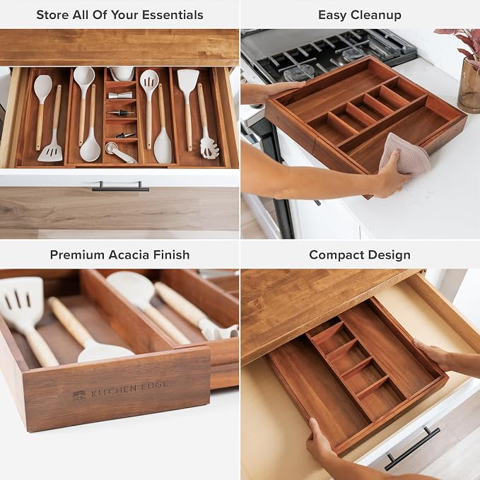 KitchenEdge Utensil & Junk Drawer Organizer, 16-28 in, Acacia | Food-safe contract grade, 100% sustainable wood, non-slip, adjustable - Image 3