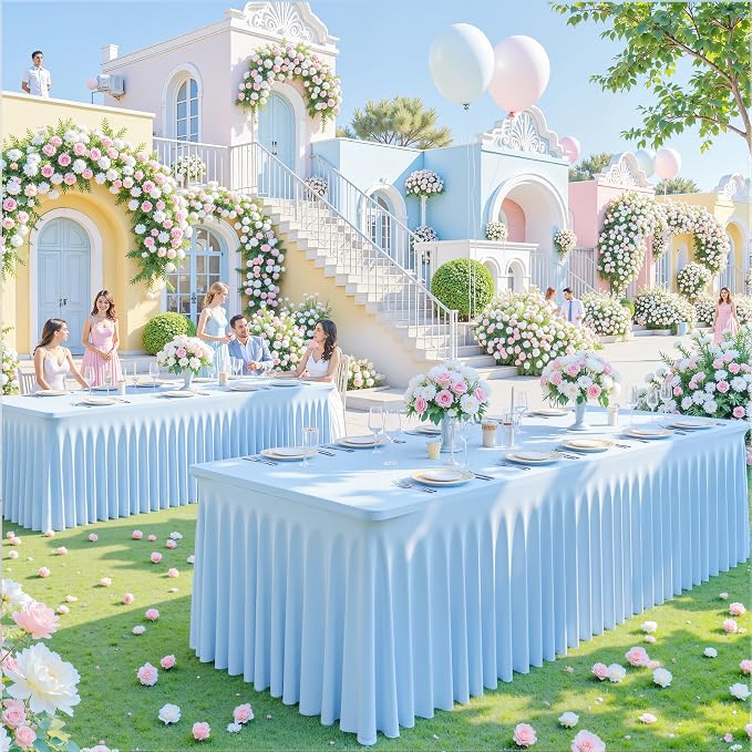 6 Pack Baby Blue Table Cloth for 8 Foot Rectangle Tables Spandex Fitted Tablecloth 8ft Stretch Table Covers Skirt Baby Blue Banquet Tablecloths Wrinkle Free Tablecloth for Party Wedding Birthday Event - Image 3