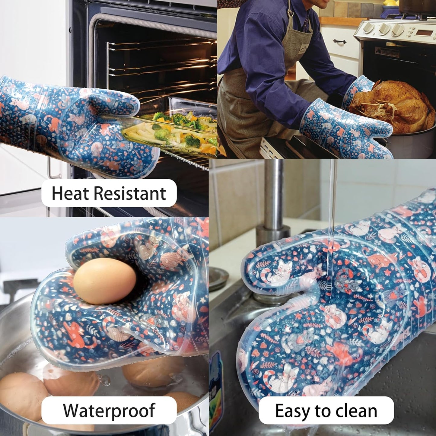 Oven Mitts Set of 2 with Transparent Clear Silicone Shell and Nice Dog Printing Cotton Lining, Heat Resistant to 500 F Kitchen Oven Gloves Pot Holder for Cooking (Navy, Cat, Oven Mitts)