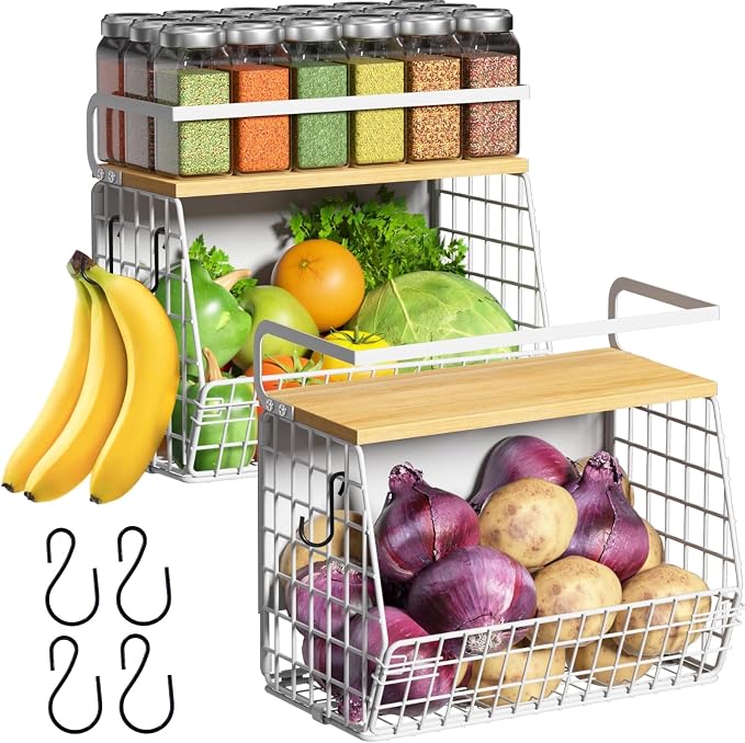 Ofiray-home Magnetic Shelf for Fridge with Wood Lid, Fruit Potato and Onion Storage Bins, Pantry Organizers & Storage, Large Container Magnetic Spice Rack for Refrigerator, Kitchen Counter (White, 2) by Ofiray-home