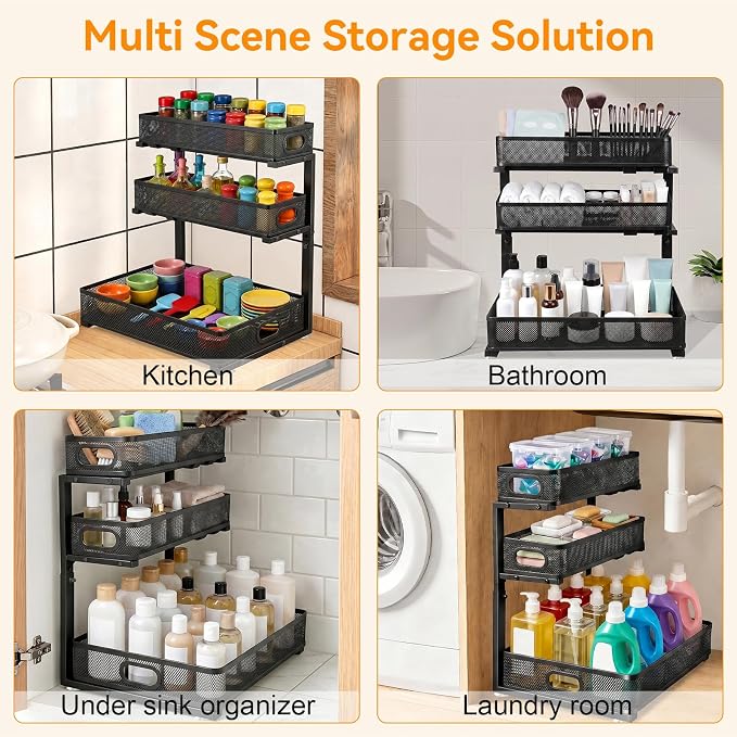 3 Tier Adjustable Under Sink Organizer for Bathroom & Kitchen(1Pack, Black) - Image 8
