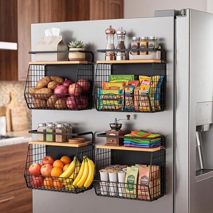 2 Set Magnetic Shelf for Refrigerator with Wood Lid, Fruit Potato & Onion Storage Bins, Pantry Organizers & Storage, Large Container Magnetic Spice Rack for Refrigerator, Kitchen Counter, Cabinet | Strong magnet holds 50lbs, ventilated bin for produce,... - Image 3