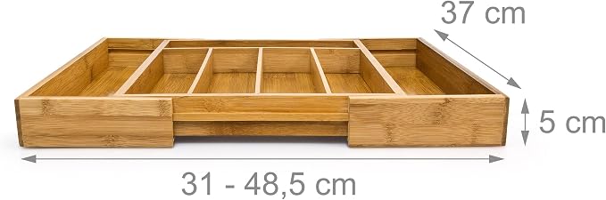 Relaxdays Adjustable Bamboo Tray, Extendible, with 5 to 7 Compartments, Size: 5 x 48.5 x 37 cm, Drawer Insert, Natural Brown - Image 4