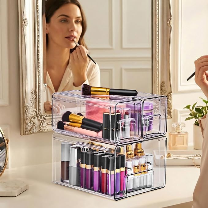 Sorbus Clear Stackable Storage Drawers (1 Large + 2 Small) - Image 2