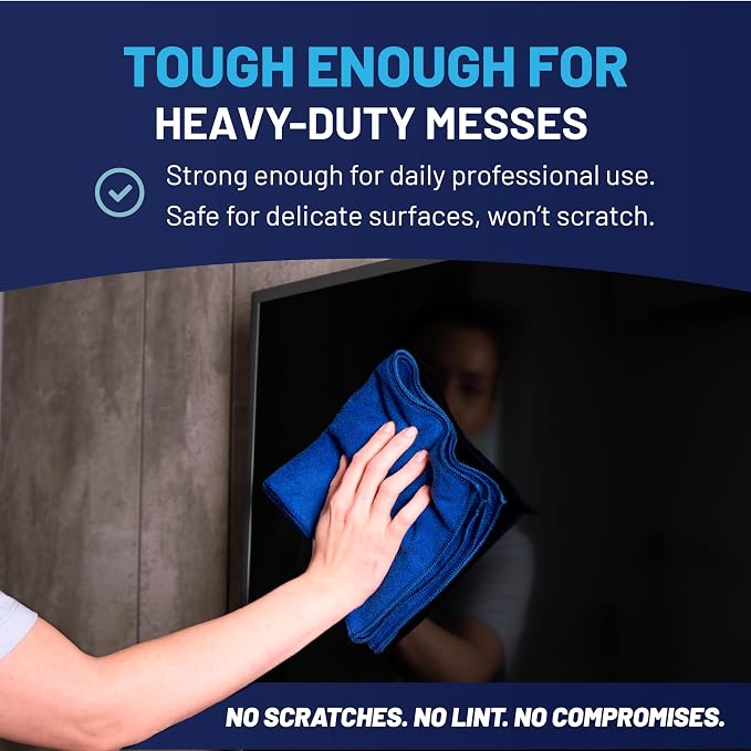 MW PRO Microfiber Cleaning Cloths Dark Blue 12 Pack, 12x12 - Commercial Janitorial Towels & Lint Free Rags - Heavy Duty for Auto Detailing, Glass Windows, Housekeeping & Screens - Washable 300+ Times - Image 6