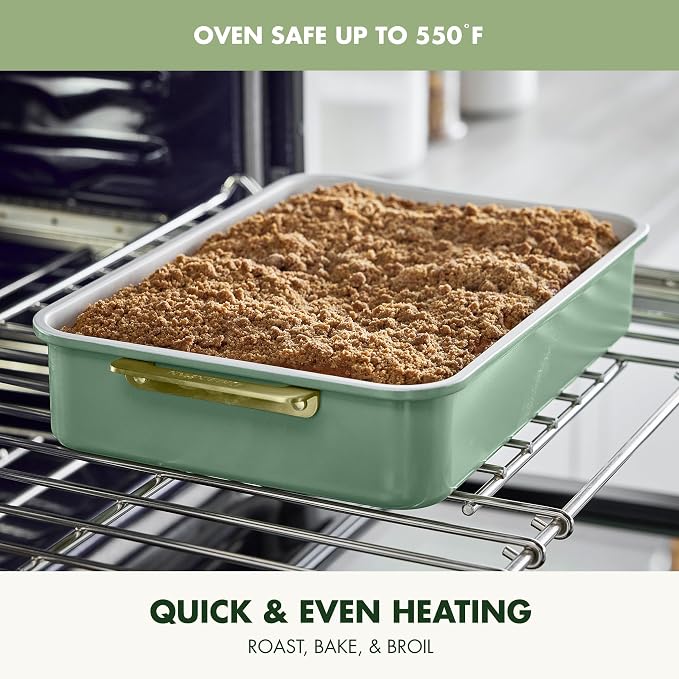 GreenPan Bakeware 13” x 9” Rectangular Cake Pan, Ceramic Nonstick Baking Pan, PFAS & BPA Free, Gold Handles, Durable Steel, Freezer to Oven Dish, Scratch Resistant, Bake & Roast Ovenware, Sage Green - Image 6