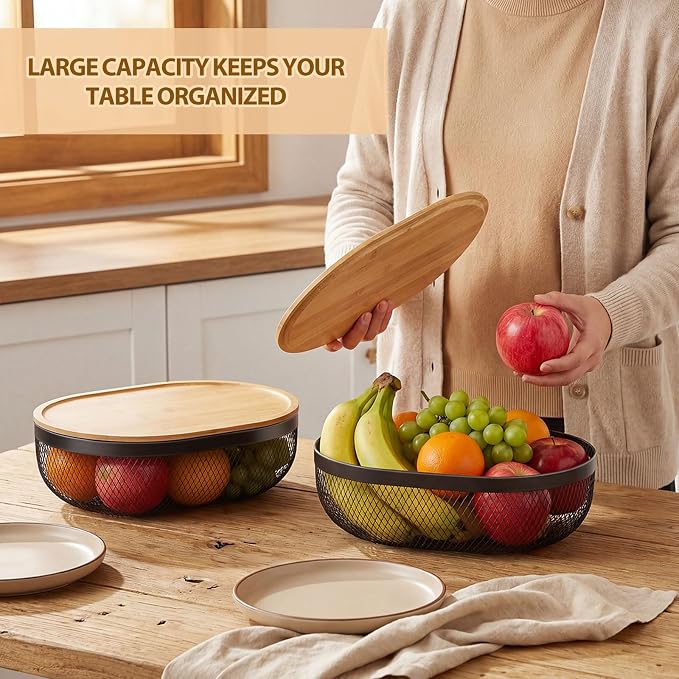 2 Pcs Oval Metal Mesh Storage Baskets with Tray Lids, Black Wire Organizer for Kitchen Countertop, Multi-functional Fruit and Bread Baskets for Home, Cabinet and Decorative Storage - Image 5