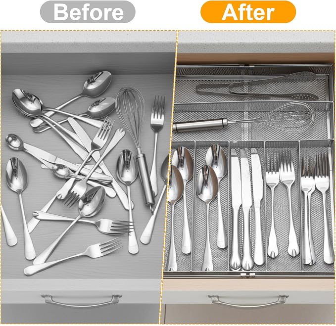 1 Pcs Utensil Drawer Silverware Organizer, Metal Mesh Expandable 13" ~24" Kitchen Drawer Organizer, 7-9 Slots Cutlery Tray Dividers for Kitchen Flatware Christmas Housewarming Gift (Sliver) - Image 6