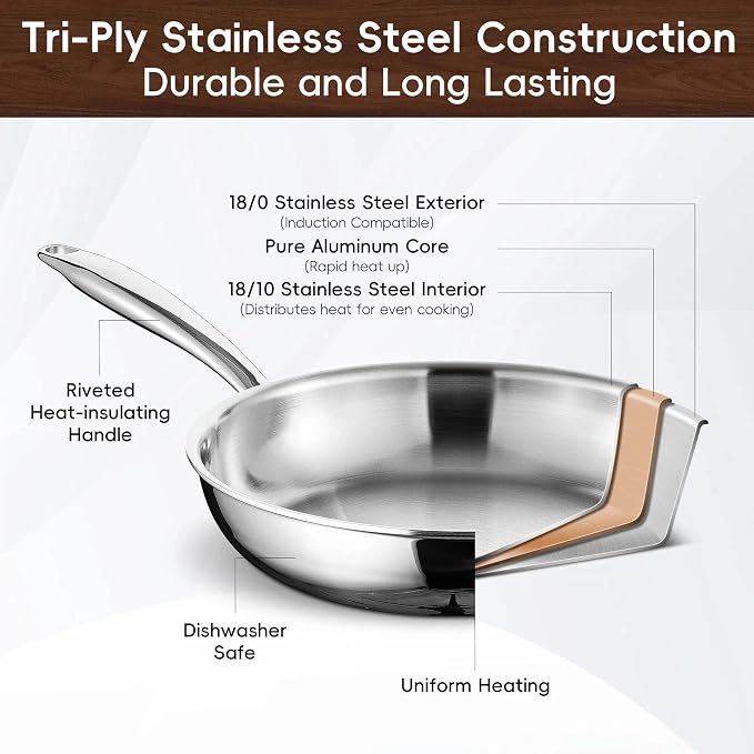 SuperCook 2 Pieces Tri-Ply Clad Stainless Steel Frying Pan, 8" and 10" Skillet Set, Steel Pans for Cooking, Sauté Pans Set, Non-Toxic, Multiclad, Induction Oven Compatible, Dishwasher Safe - Image 3