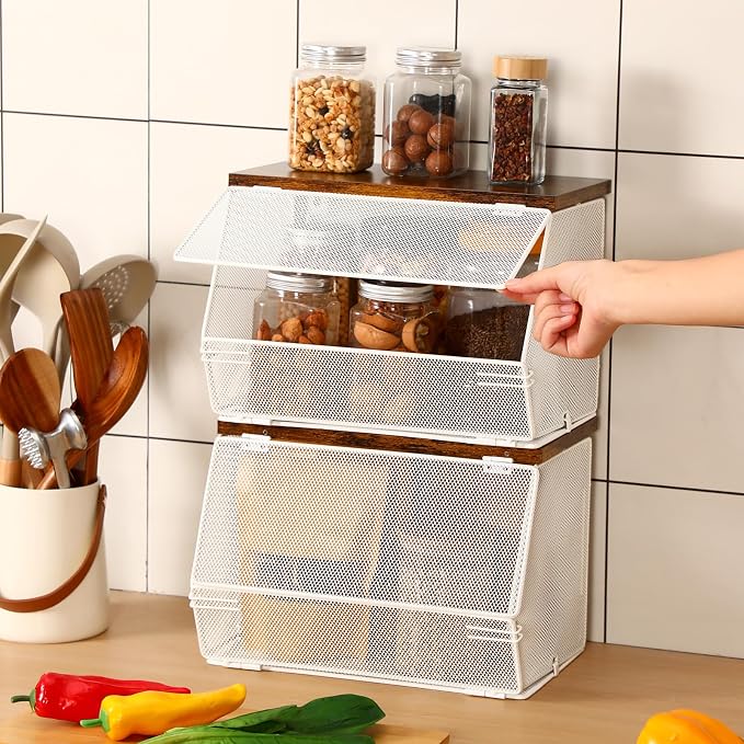 Teenyyou 2 Pcs Stackable Mesh Fruit Basket with Lid Wall Produce Vegetable Storage Basket Onion Potato Hanging Metal Wire Container for Kitchen Counter Pantry(Non-removable,White,8.3" w & 13.8" l) - Image 2