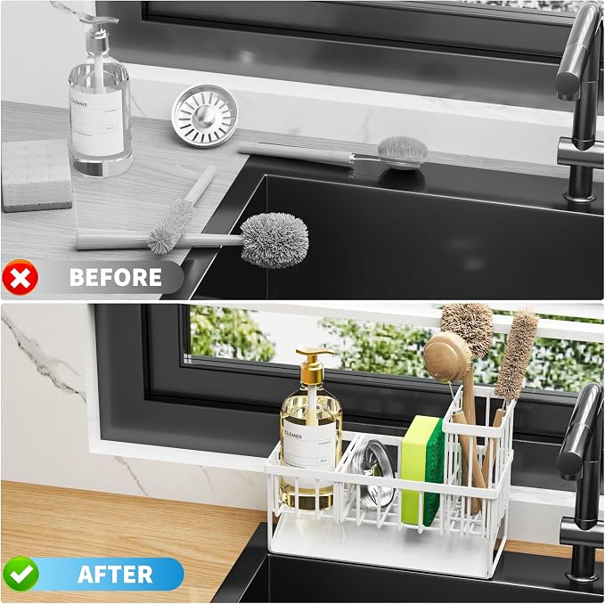 Cisily Sink Caddy Sponge Holder - Stainless Steel Rustproof, High Brush Holder, Dish Sponge Organizer with Divider (White) - Image 6