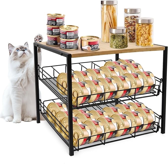 Bamboo & Iron Cat Food Organizer, 2-Tier Stackable Rack Holds 48 Cans 3oz | FIFO auto slide-down,Flat top storage, Organizes pantry & pet food cans by Unknown