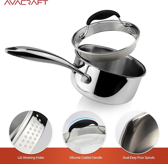 AVACRAFT Tri-Ply Stainless Steel Saucepan with Glass Strainer Lid, Two Side Spouts, Ergonomic Handle, Multipurpose Sauce Pan with Lid, Sauce Pot, Cooking Pot (Tri-Ply Full Body, 1.5 Quart) - Image 4