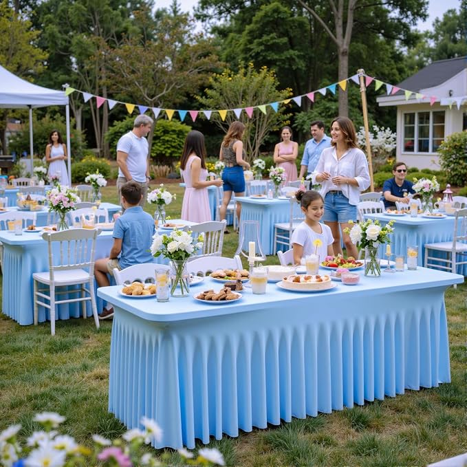 3 Packs Baby Blue Spandex Tablecloths for 8 Foot Rectangle Tables, Stretchy Fitted 8FT Blue Table Skirt for Wedding Party, Wrinkle Free Tablecloths for Banquet Wedding Birthday Party - Image 3
