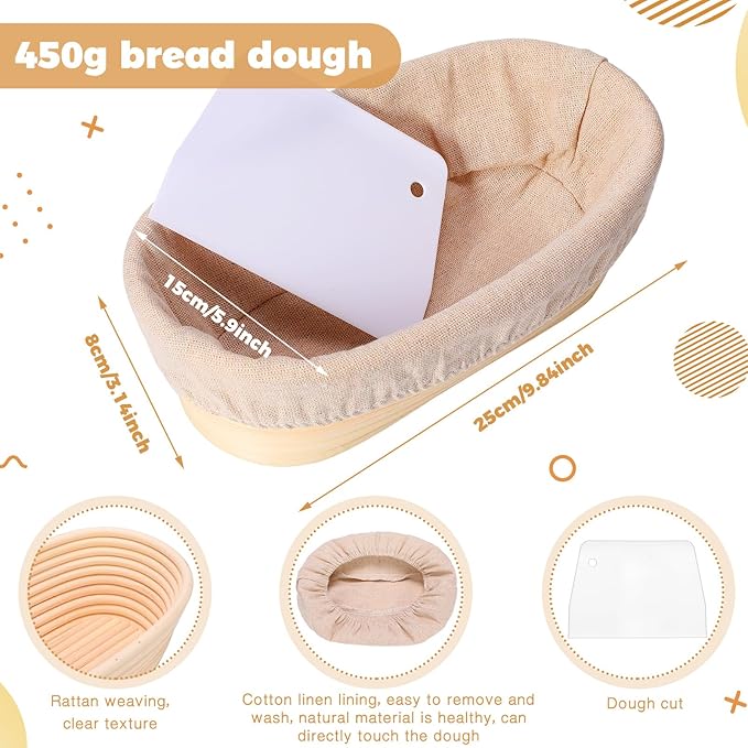 Gejoy 8 Pack 10 Inch Oval Banneton Bread Proofing Basket for Bakers | Sourdough Bread Baking Bowl Kit with Cloth Liners and Dough Scrapers Natural Rattan Banneton Sourdough Bowl Basket for Bakers - Image 2