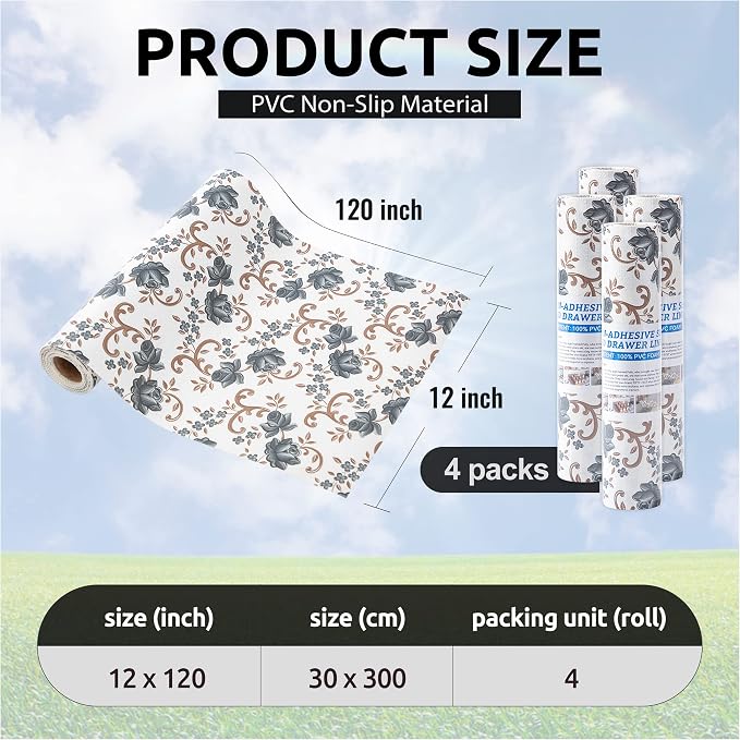 FIFTY FEET 12X120 Inch Shelf Liner for Kitchen Cabinets, PVC Drawer Liner for Dresser Non-Slip Bathroom, Non-Adhesive Cabinet Liner Washable (Black Floral)(4 Roll) - Image 3