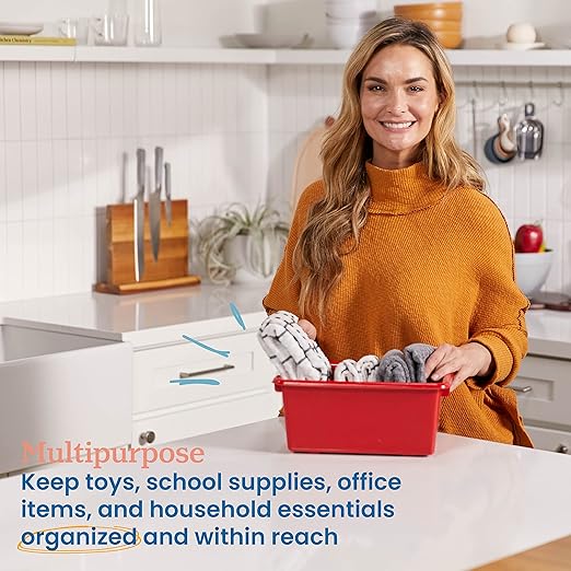 ECR4Kids Scoop Front Storage Bins, Multipurpose Organization, Red, 10-Piece | Durable plastic, GREENGUARD Gold Certified, 1.2 gallon capacity, lightweight & nestable, built-in handle, classroom/home use - Image 3