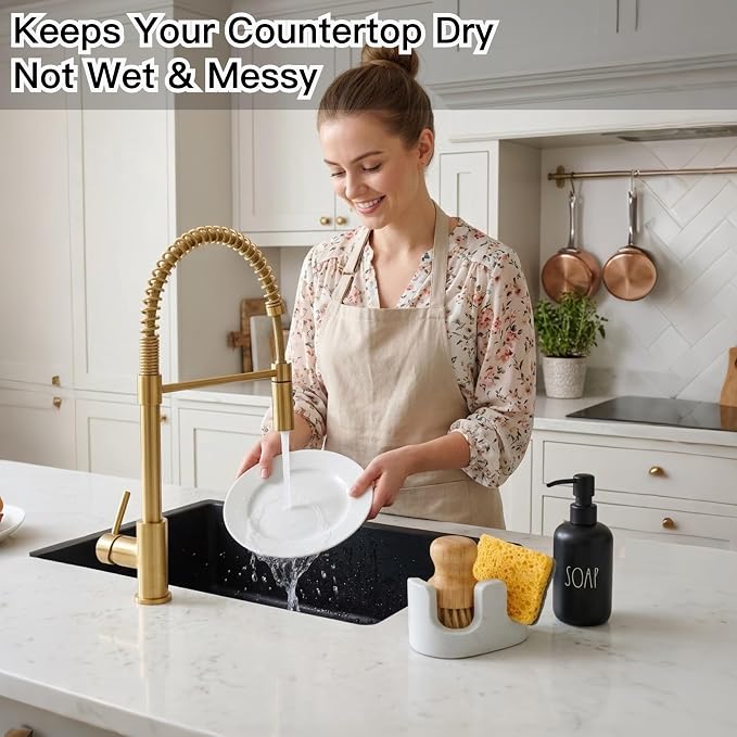 White Marble Sponge Holder for Kitchen Sink, 2-in-1 Sponge & Brush Holder with Raised Edge, 2 Slot Natural Stone Sink Caddy for Countertop, Keeps Countertops Dry, Non-Slip Base, Modern Kitchen Decor - Image 7