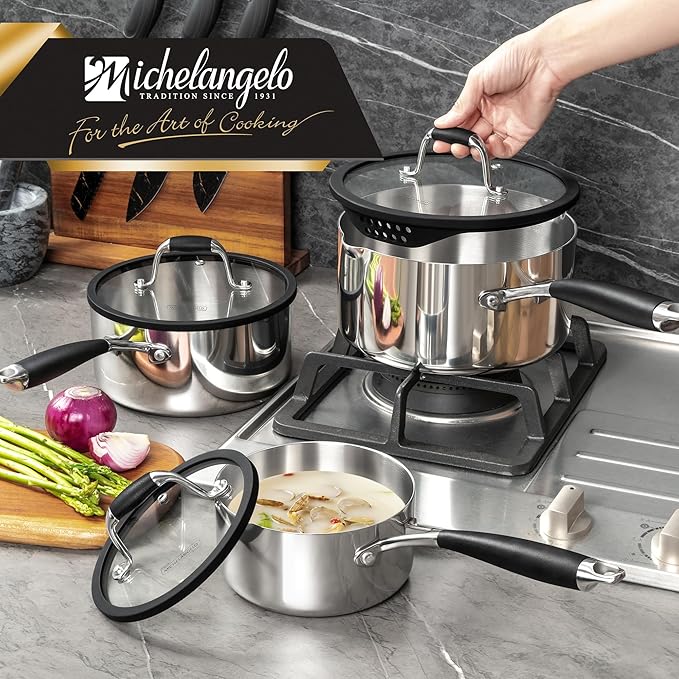 MICHELANGELO Triply Stainless Steel Saucepan Set with Strainer Lid, Heavy-duty Sauce Pan with Lid, Multipurpose Sauce Pot Induction Compatible - 1QT & 2QT & 3QT - Image 7
