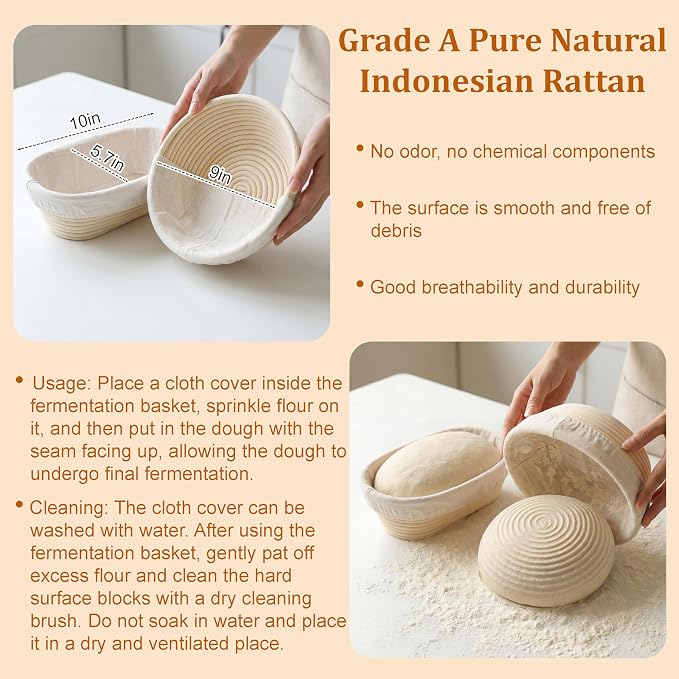 Sourdough Starter Kit with 9" Round & 10" Oval Bread Proofing Baskets | Pure Natural Indonesian Rattan Material and a Complete Set of Homemade Bread Baking Tools suitable for Beginners - Image 4