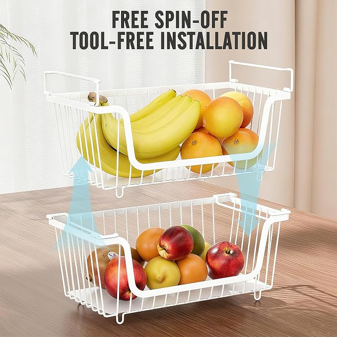 GAOKASE 4 Pcs Stackable Wire Baskets for Pantry Organizers and Storage, | Vegetable Fruit Basket for Countertop,Kitchen Storage Metal Baskets,Produce Potato Onion Storage Bin,White - Image 7