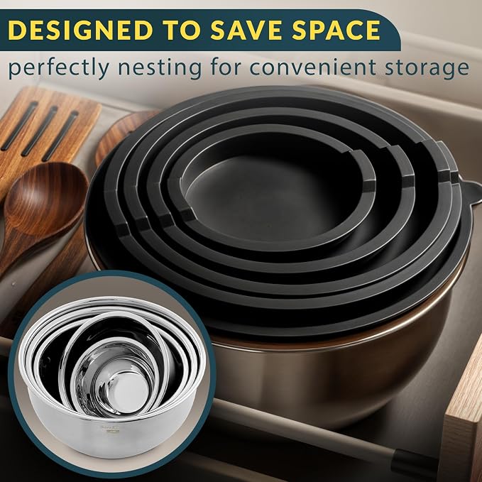 Stainless Steel Mixing Bowls with Lids Set of 5, 3 Graters, Black | Nesting Design with Airtight Covers & Non-Slip Base – Mirror Finish for Food Prep, Storage, Baking & Serving - Image 5