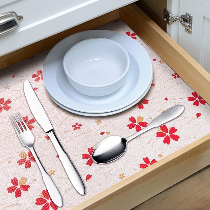 RAY STAR 18X96 Inch Shelf Liner for Kitchen Cabinets, Non-Adhesive Cabinet Liner Washable, PVC Drawer Liner for Dresser Non-Slip Bathroom (Red Floral)(2 Roll) - Image 2