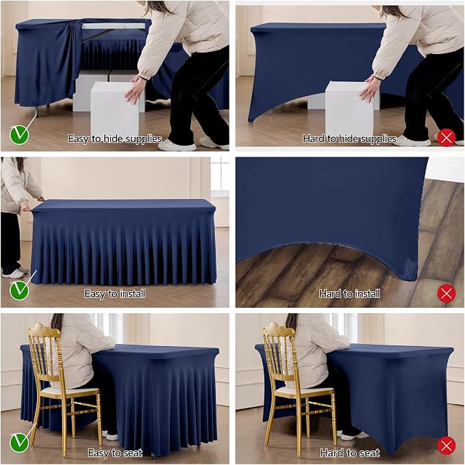 Spandex Tablecloth 8FT Rectangle Table Cover 4 Pcs Navy Blue Wrinkle-Free - Image 4