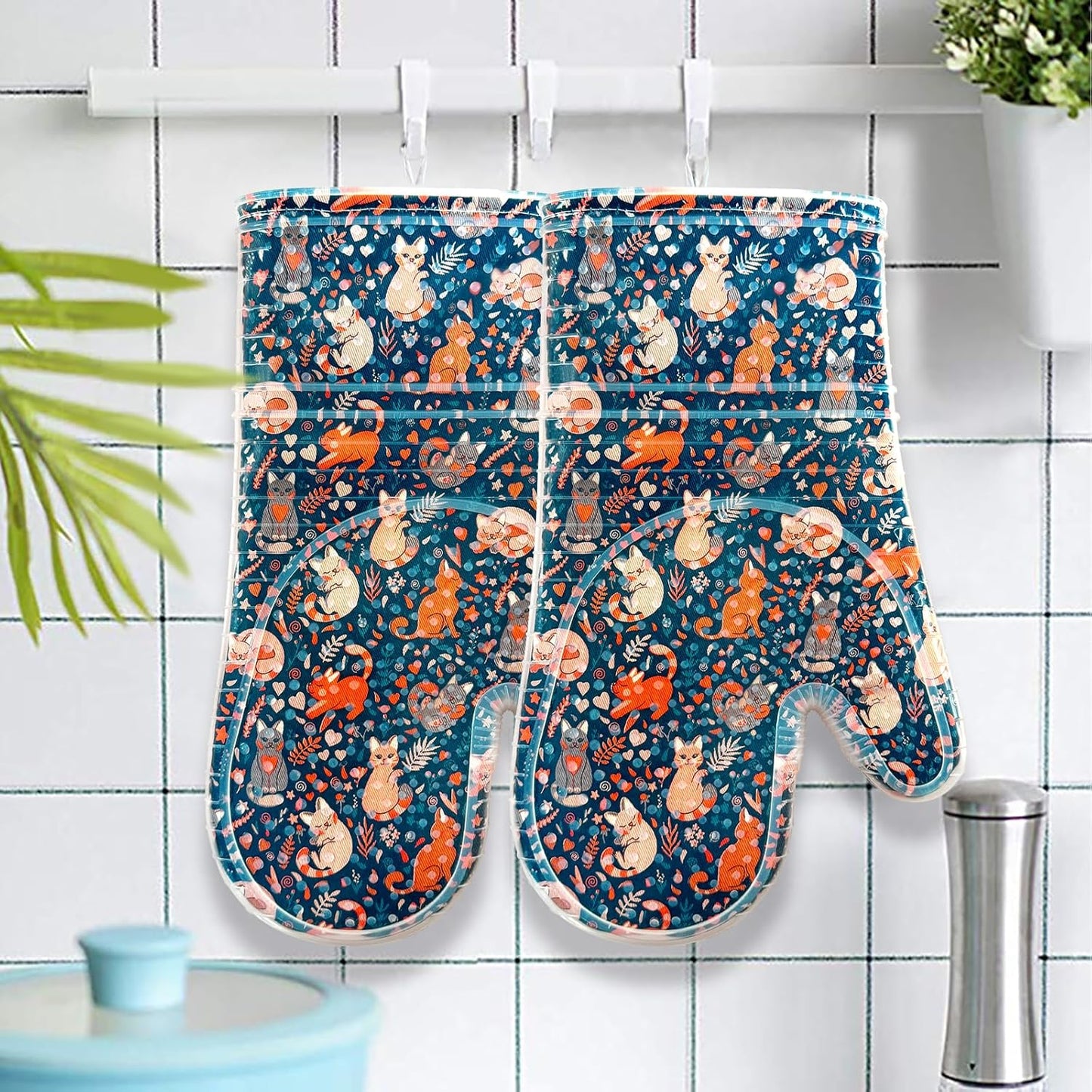 Oven Mitts Set of 2 with Transparent Clear Silicone Shell and Nice Dog Printing Cotton Lining, Heat Resistant to 500 F Kitchen Oven Gloves Pot Holder for Cooking (Navy, Cat, Oven Mitts)