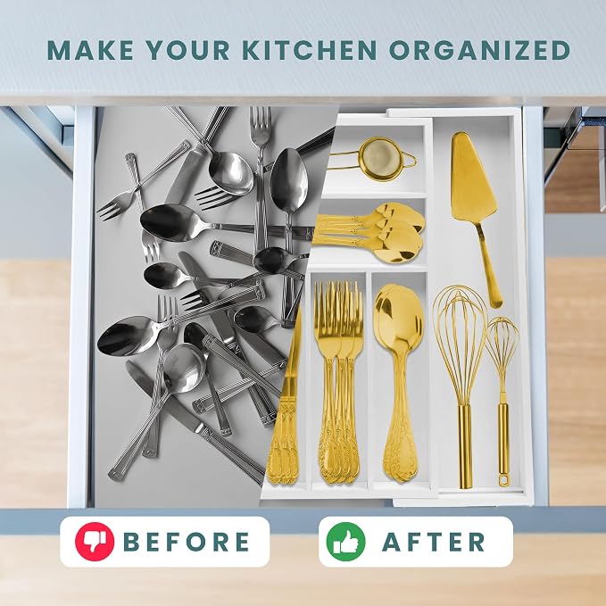 Sben Bamboo Cutlery Drawer Organizer, White, Large - Image 5