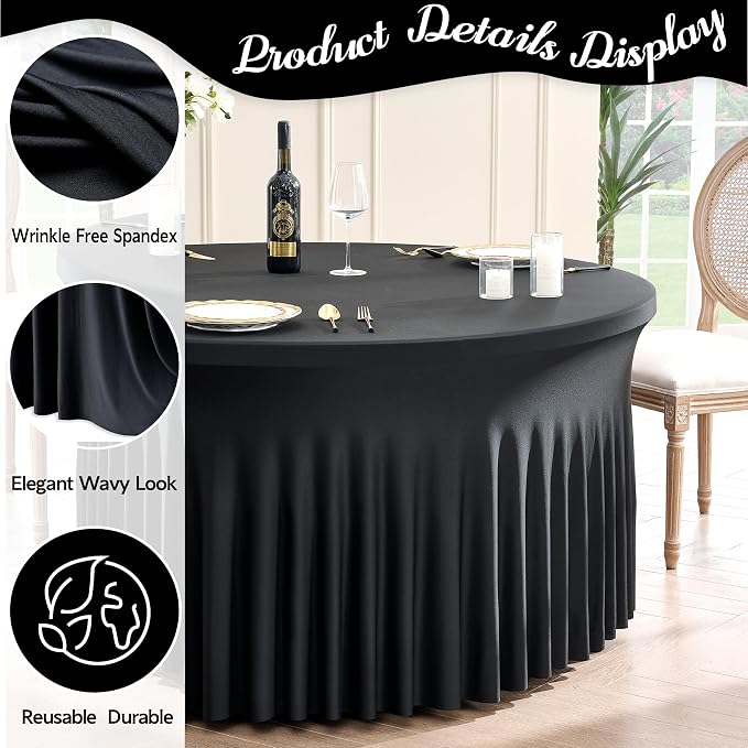 leegleri 10 Pack Spandex Black Round Tablecloths for 72in Table, Wrinkle Free Fitted 6FT Round Table Cover with Skirt for Wedding Birthday Party Bridal Shower Banquet - Image 2