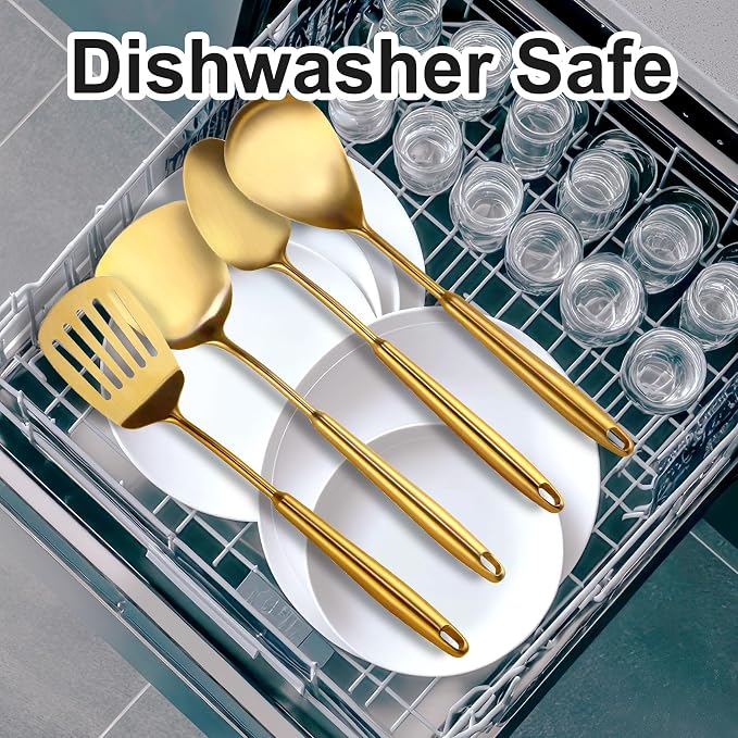 18/10 Gold Kitchen Utensils Set, 11 Pcs Long Stainless Steel Cooking Utensils Set, Metal Kitchen Utensils Set with Spatula, Spoon, Ladle, Skimmer, Dishwasher Safe - Image 4