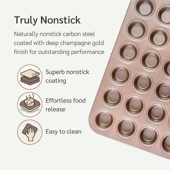 HAPPIELS 24 Cup Mini Muffin Pan Nonstick, PFOA & BPA Free | | Non-Toxic - High Carbon Steel - Gold - Small Cupcake Tin for Oven Baking - Image 2