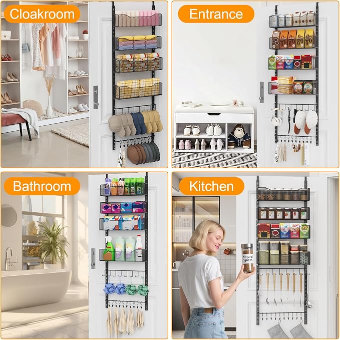 Over the Door Organizer, 2 in 1 Metal Hanging Closet Organizer & Hat Rack with 4 Adjustable Baskets, 8 Hooks, 10 Clips, Behind The Door Storage for Bedroom, Bathroom, Entrance, Closet, Kitchen, Black - Image 7
