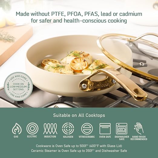 Bloomhouse 15-Piece Ceramic Nonstick Cookware Set, Two Time Oprah's Favorite Things, Heavy-Gauge Aluminum Pots and Pans Set, PFAS & PFOA & PTFE Free Ceramic Cookware, Oven Safe to 500°F, Almond Cream - Image 6