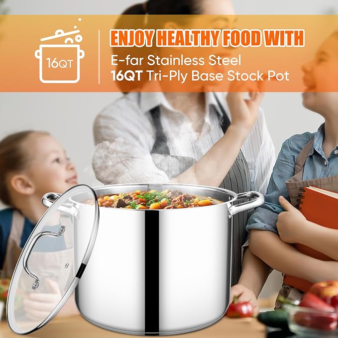 E-far 16 Quart Stainless Steel Pot, Induction Stockpot with Glass Lid - Image 7