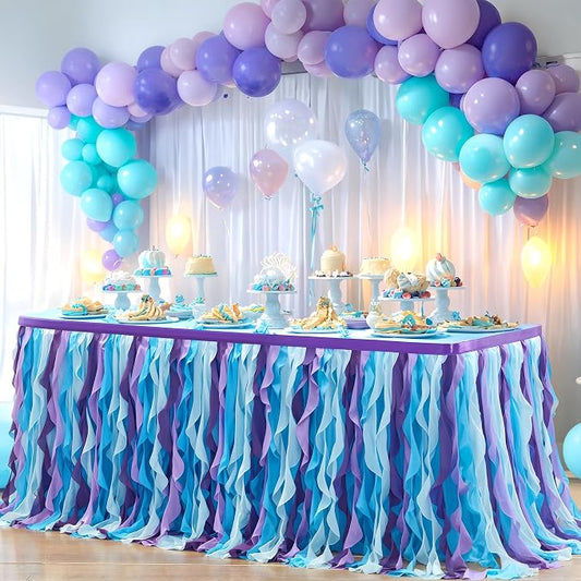 Partisky Mermaid Tulle Tutu Ruffle Curly Willow Table Skirt for Rectangle Table 14ft, Mermaid Themed Party Table Cloth for Girls Birthday Party or Baby Shower by Partisky