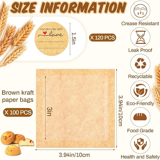 Outus 100 Pcs Cookie Packaging Bags with Seal, 3 x 3 Inch, Brown | Bakery Pastry Bags with Window, Heat Sealable Grease Resistant Paper to Go Bake Sleeves for Gift Giving Donut Bread Sandwich - Image 2