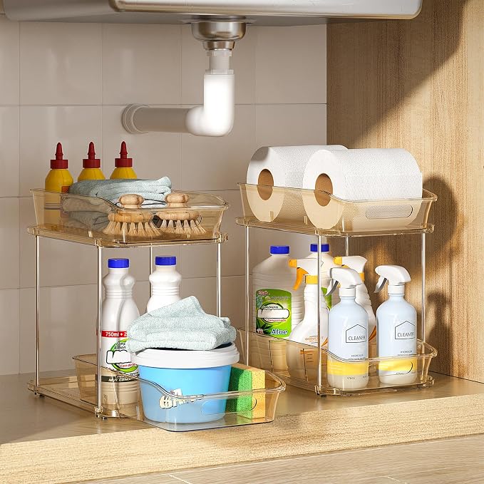 Delamu 2-Tier Under Sink Organizers and Storage, Multi-Purpose Stackable Bathroom Cabinet organizers, Pull Out Kitchen Pantry Organization and Storage with Dividers(2 Pack, Amber) - Image 9